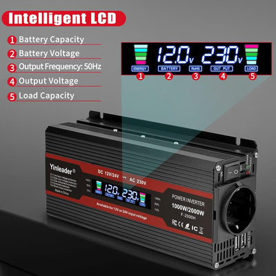 Yinleader Modifizierter Sinus Wechselrichter 12V/24V auf 230V Spannungswandler 1000W / 2000W LCD-Dis