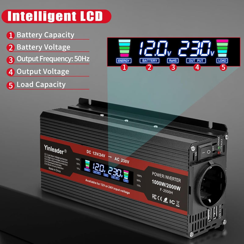 Yinleader Modifizierter Sinus Wechselrichter 12V/24V auf 230V Spannungswandler 1000W / 2000W LCD-Dis