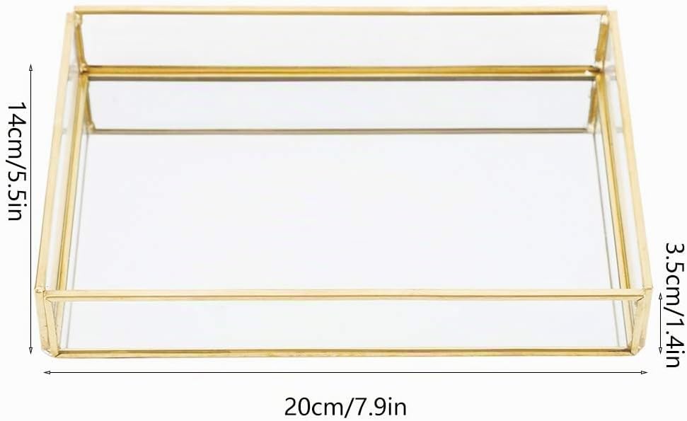 Retro Spiegeltablett, Dekotablett Gold Glastablett Tablett Vintage Metall Glas Aufbewahrungsbox Kosm