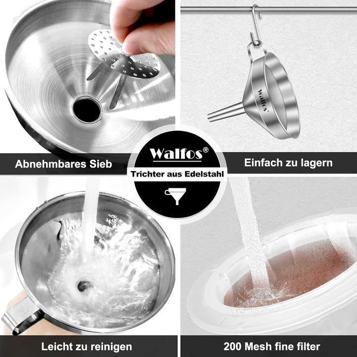 Walfos Trichter edelstahl, mit 2 abnehmbaren Sieben ＆ 1 Stück Reinigungsbürste, 200 Mesh Lebensmitte