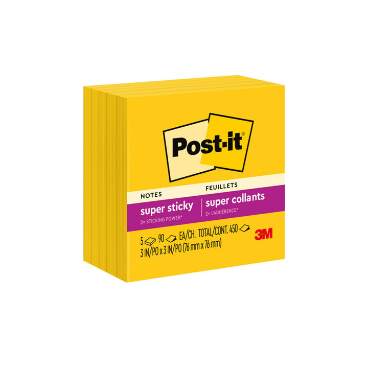 Post-it Super Haftnotizen, 7,6 x 7,6 cm, 5 Blöcke, 2 x Haftkraft, elektrisch gelb, recycelbar (654-5