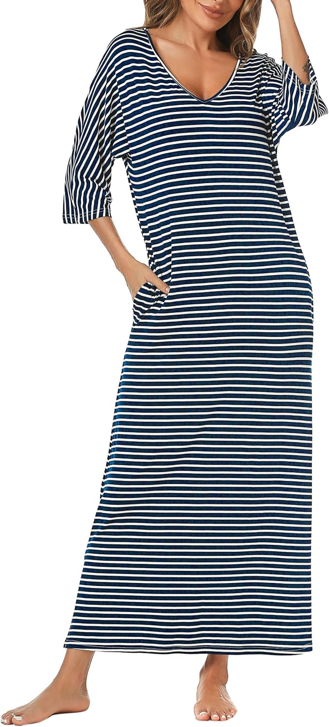Uniexcosm Nachthemd Damen Lange Baumwolle 3/4 Ärmel Nachtkleid Nachtwäsche V-Ausschnitt Freizeitklei
