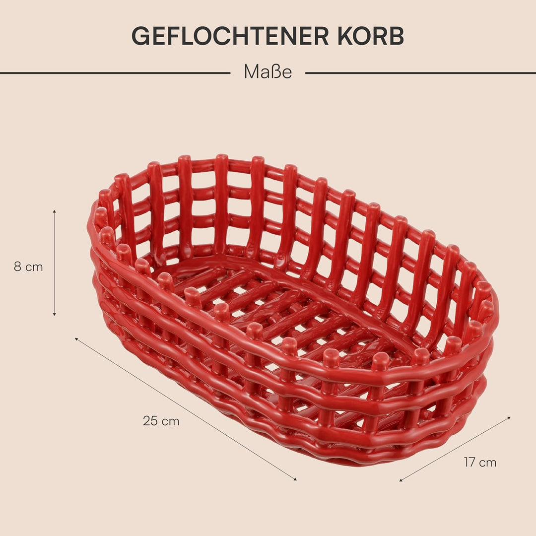 Baroni Home Mehrzweckkorb aus Keramik, geflochten, Obstkorb, Tischdeko, Taschenleerer (oval, rot) Ro