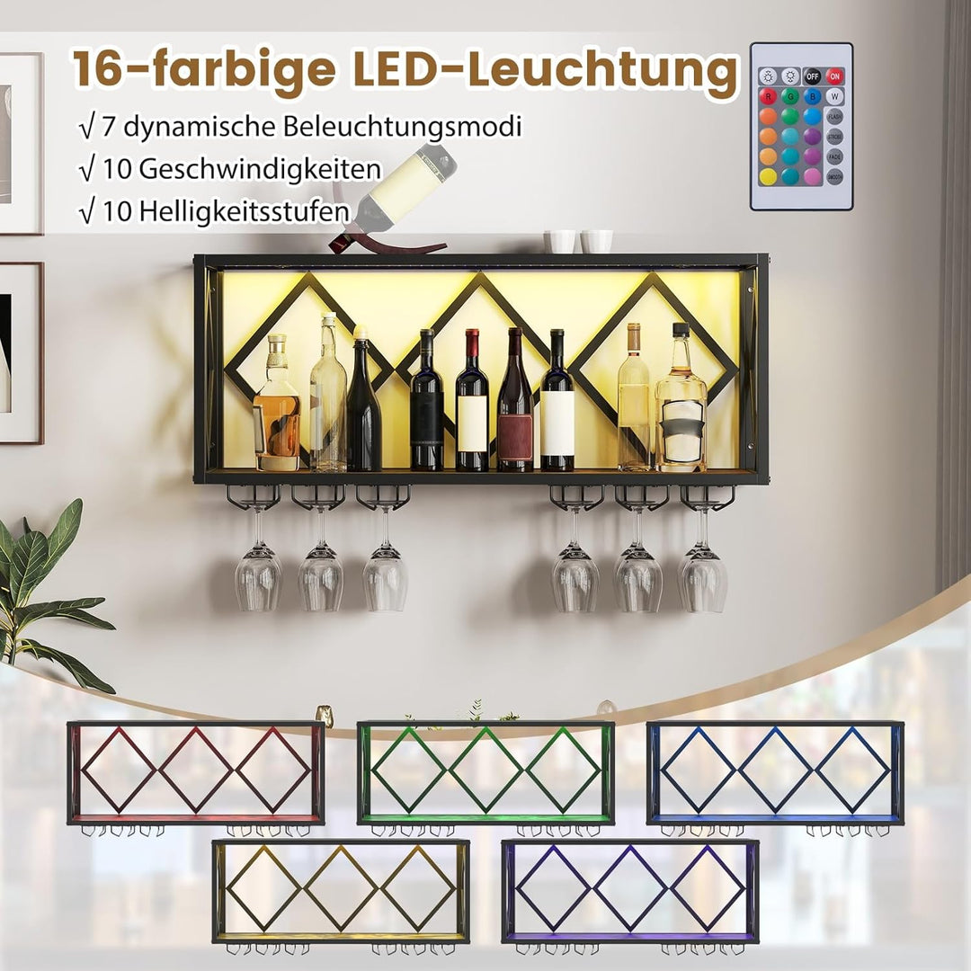 COSTWAY Weinregal Wand mit LED Beleuchtung, 2 Ebenen Flaschenregal Holz mit Metallrahmen, mit 6 Reih