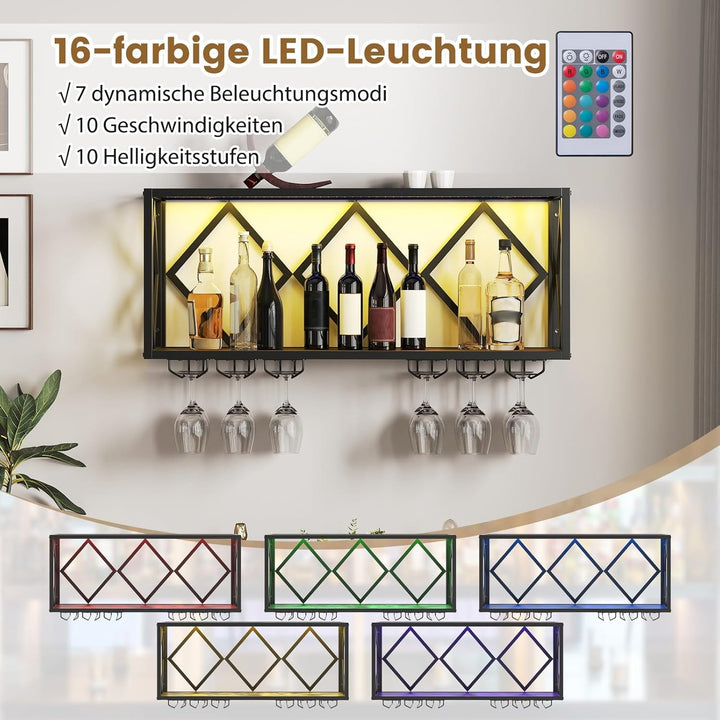 COSTWAY Weinregal Wand mit LED Beleuchtung, 2 Ebenen Flaschenregal Holz mit Metallrahmen, mit 6 Reih