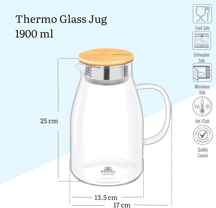 Wilmax Glaskrug 1,9L mit 6 Wassergläser 310ml im Set | Getränkeset | Wasserkrug für Saft, Wasser, Ei