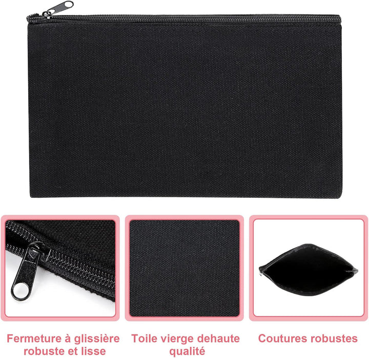 SENENQU 30 Stück DIY Blanko Stoffbeutel Schwarz Mit Reissverschluss, 12 × 21cm Klein Stoffbeutel Zum