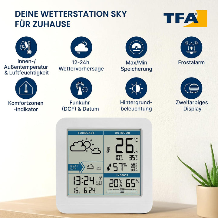 TFA Dostmann SKY Funk-Wetterstation, 35.1152.02,Wetterstation Funk mit Aussensensor, Wettervorhersag