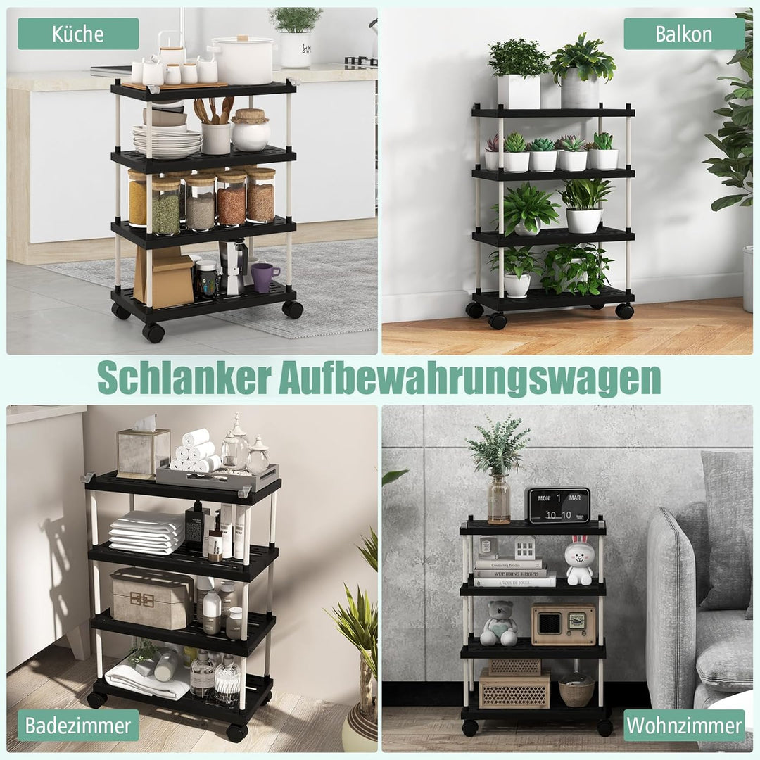 COSTWAY Rollwagen mit 4 Ebenen, Nischenregal mit Rollen und seitlichen Haken, Allzweckwagen, Küchenw