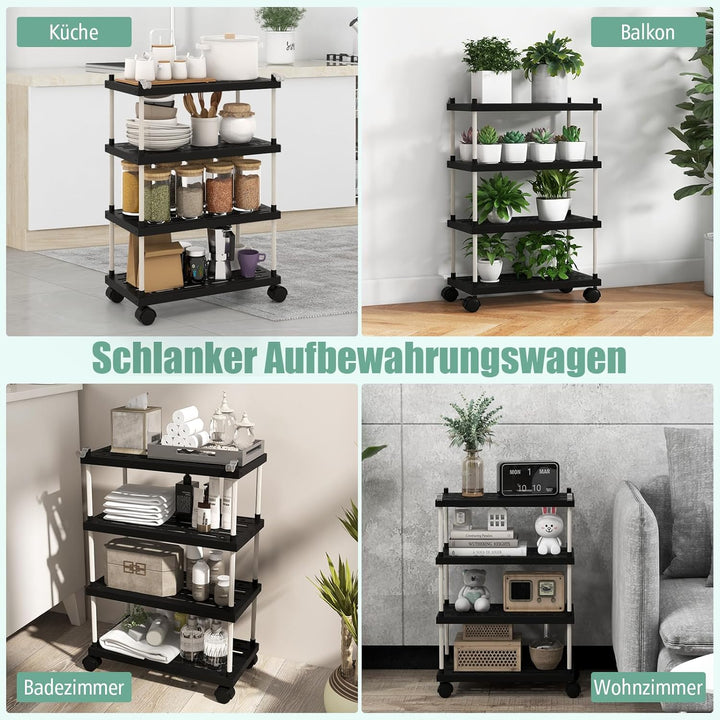 COSTWAY Rollwagen mit 4 Ebenen, Nischenregal mit Rollen und seitlichen Haken, Allzweckwagen, Küchenw