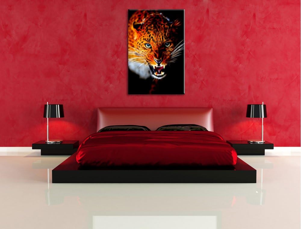 Dark Fauchender Leopard Deluxe Format: 100x70 cm auf Leinwand, XXL riesige Bilder fertig gerahmt mit