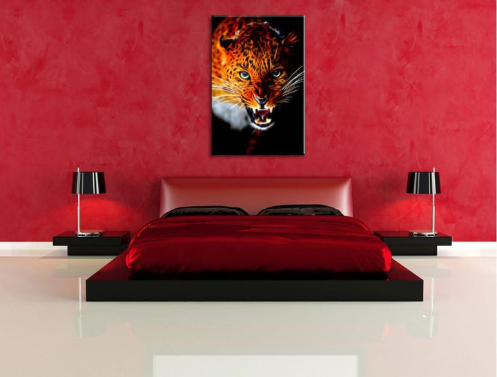 Dark Fauchender Leopard Deluxe Format: 100x70 cm auf Leinwand, XXL riesige Bilder fertig gerahmt mit