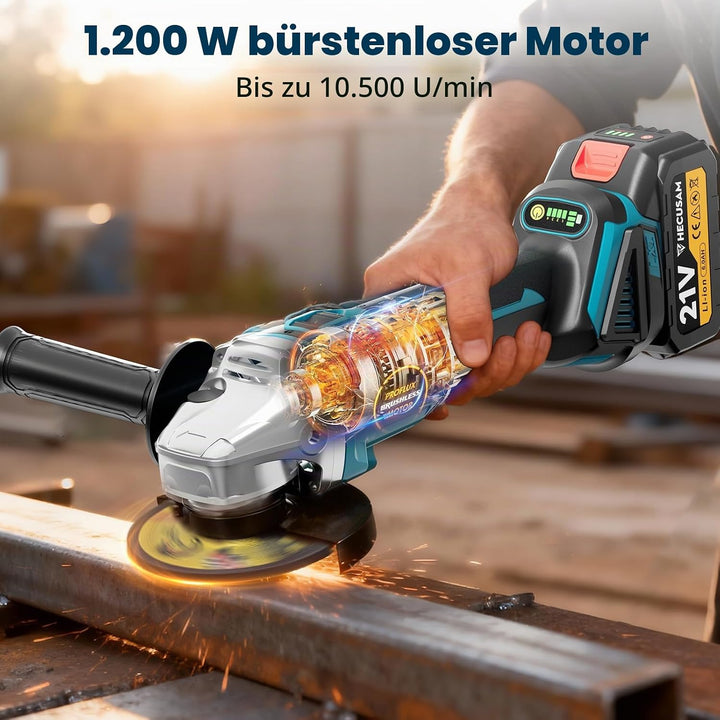 Akku Winkelschleifer 125mm, Flex Akku Winkelschleifer Set mit 2x 4.0Ah Akku, 1200W Bürstenloser Moto