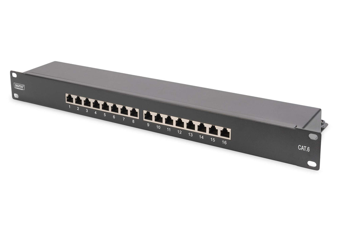 DIGITUS Patchpanel - 19-Zoll - Cat-6 - 16-Port RJ45 - Geschirmt - LSA Patch-Feld - Rack-Montage 1HE