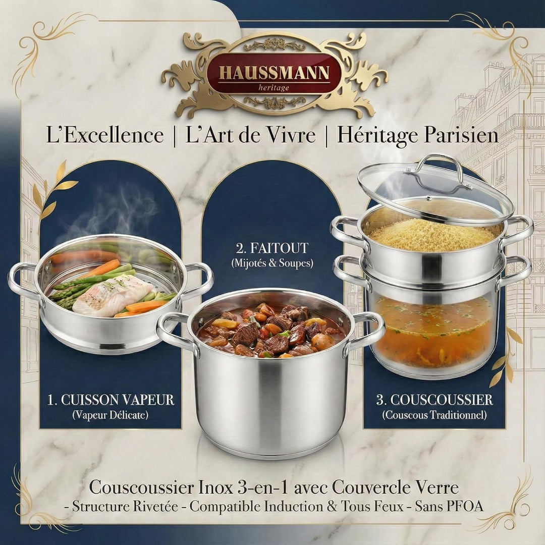 Haussmann Héritage 3 Stück Couscous-Töpfe Edelstahl Induktion HM-0827/8L (8 Liter) 8L/22cm, 8L/22cm