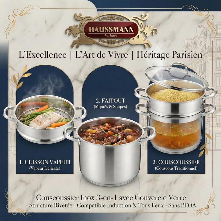 Haussmann Héritage 3 Stück Couscous-Töpfe Edelstahl Induktion HM-0827/8L (8 Liter) 8L/22cm, 8L/22cm