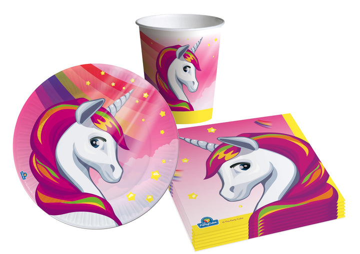 Partygeschirr Party-Set Einhorn Unicorn für 24 Personen (88 pcs: 24 Pappteller Ø18cm, 24 Becher 250m
