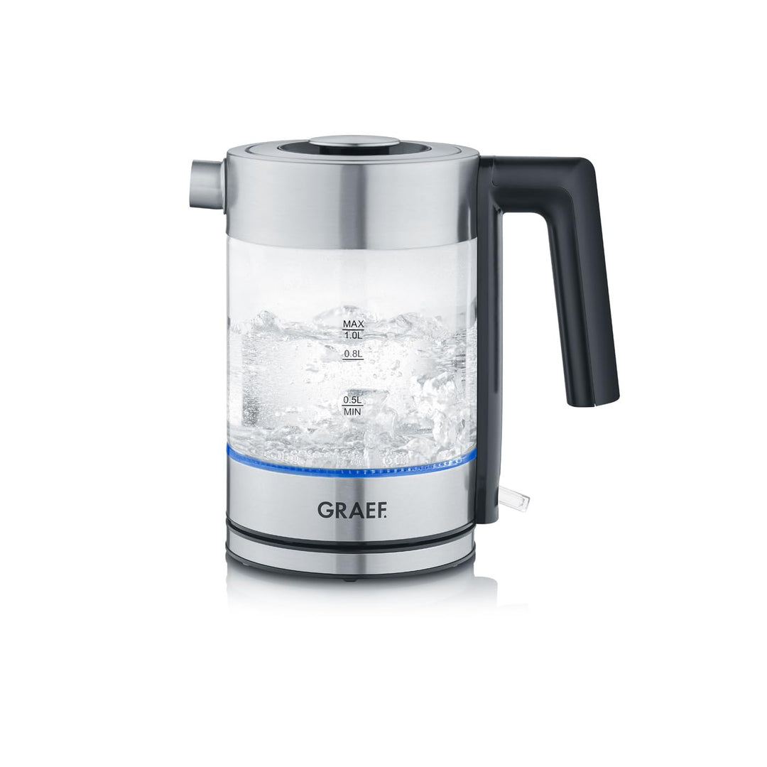 GRAEF Glaswasserkocher WK300 - Wasserkocher 1 Liter, Hochwertiges Design, SCHOTT DURAN Glas, Edelsta