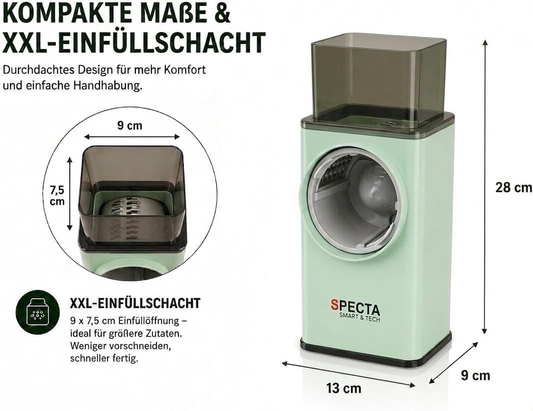 SPECTA Gemüsereibe, 3-in-1 Gemüseschneider, Trommelreibe, Gemüsehobel, Käsereibe, XXL Einfüllschacht