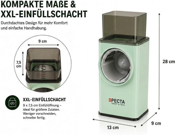 SPECTA Gemüsereibe, 3-in-1 Gemüseschneider, Trommelreibe, Gemüsehobel, Käsereibe, XXL Einfüllschacht