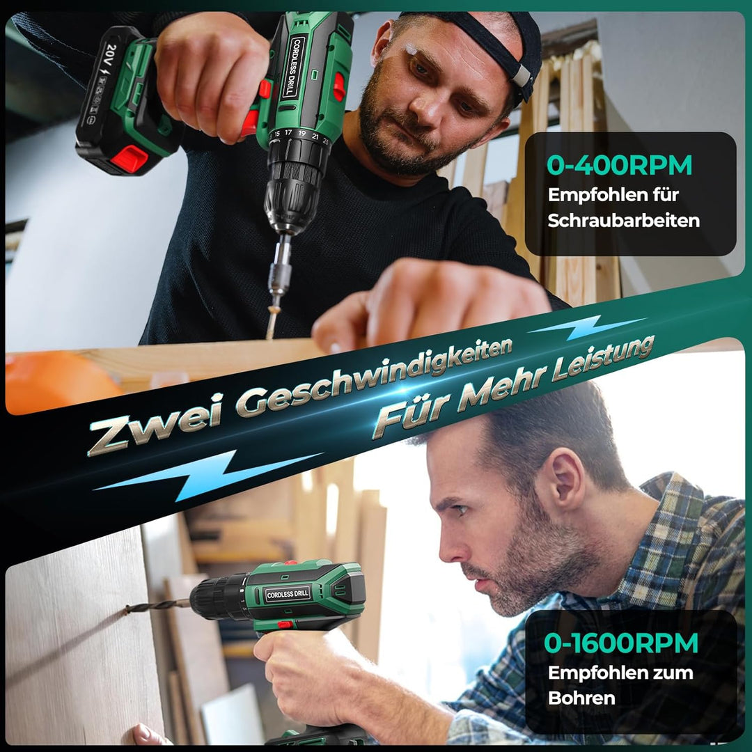 Akkuschrauber mit 2000mAh Akkus, 20V Akku Bohrschrauber Set 42Nm Max, 2-Gang Akku-Bohrmaschine, Komp