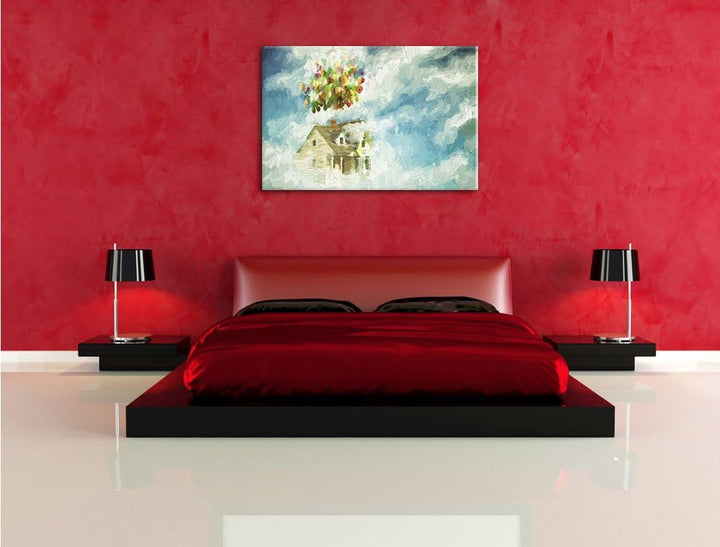 Pixxprint fliegendes Haus mit Luftballons als Leinwandbild/Grösse: 100x70 / Wandbild/Kunstdruck/fert