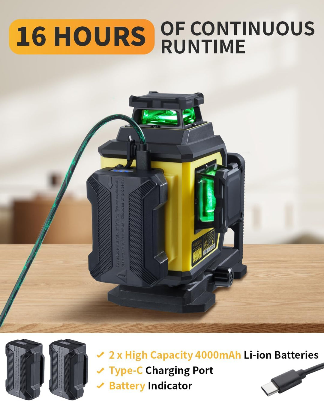 Kreuzlinienlaser mit Stativ, Firecore Laser-Wasserwaage Selbstnivellierend Linienlaser Grün, 3×360°