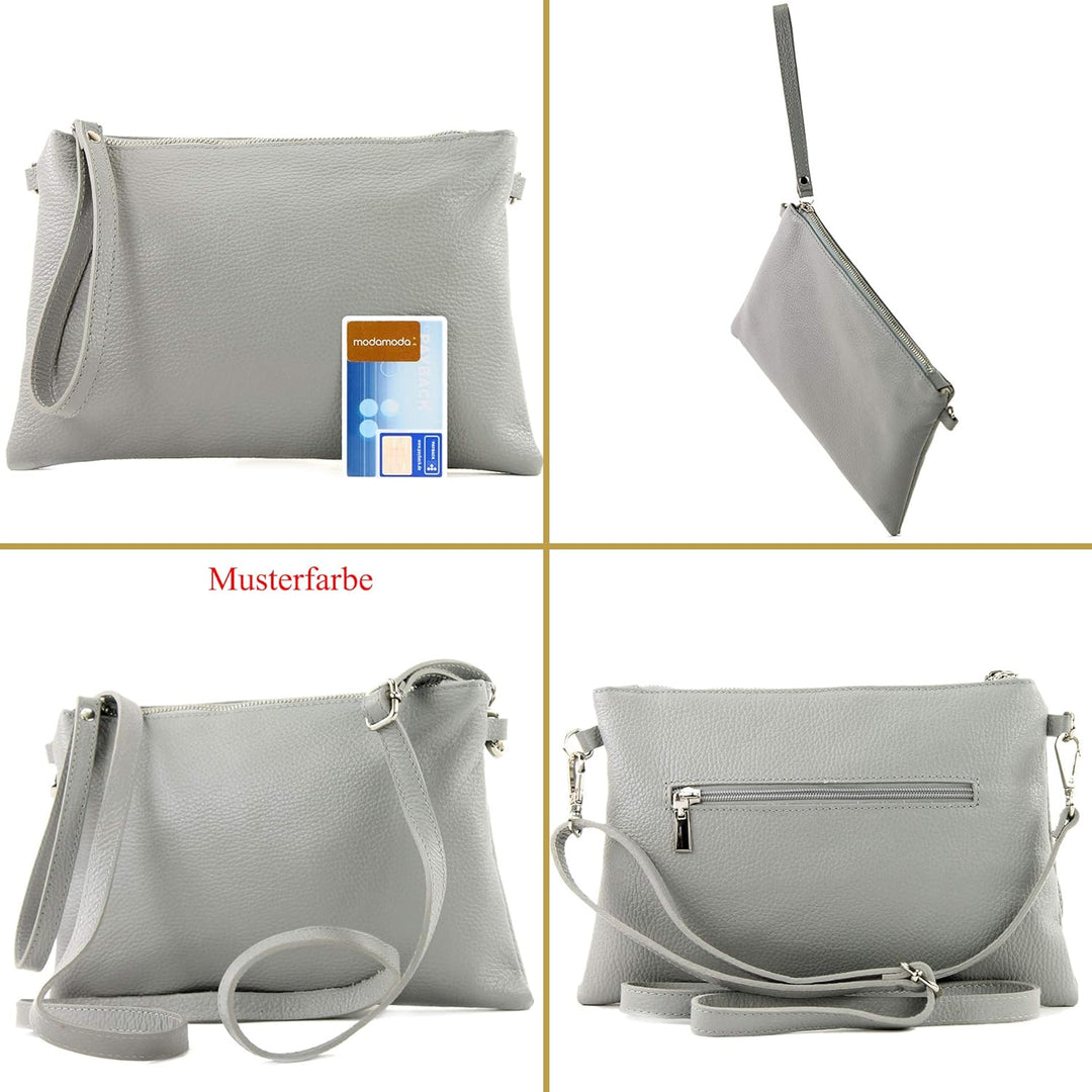 modamoda de - T186 - ital. Clutch Umhängetasche Leder Medium Olivgrün, Olivgrün