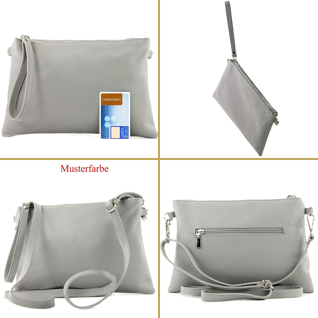 modamoda de - T186 - ital. Clutch Umhängetasche Leder Medium Rosabeige Dunkel, Rosabeige Dunkel