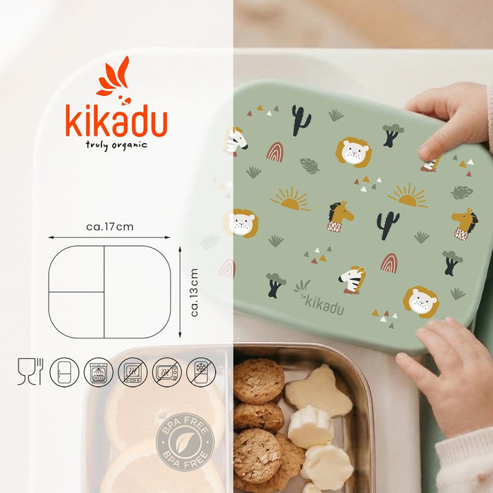 kikadu Brotdose Kinder aus Edelstahl mit Silikondeckel, 3 Fächer, BPA-frei, luftdicht, spülmaschinen