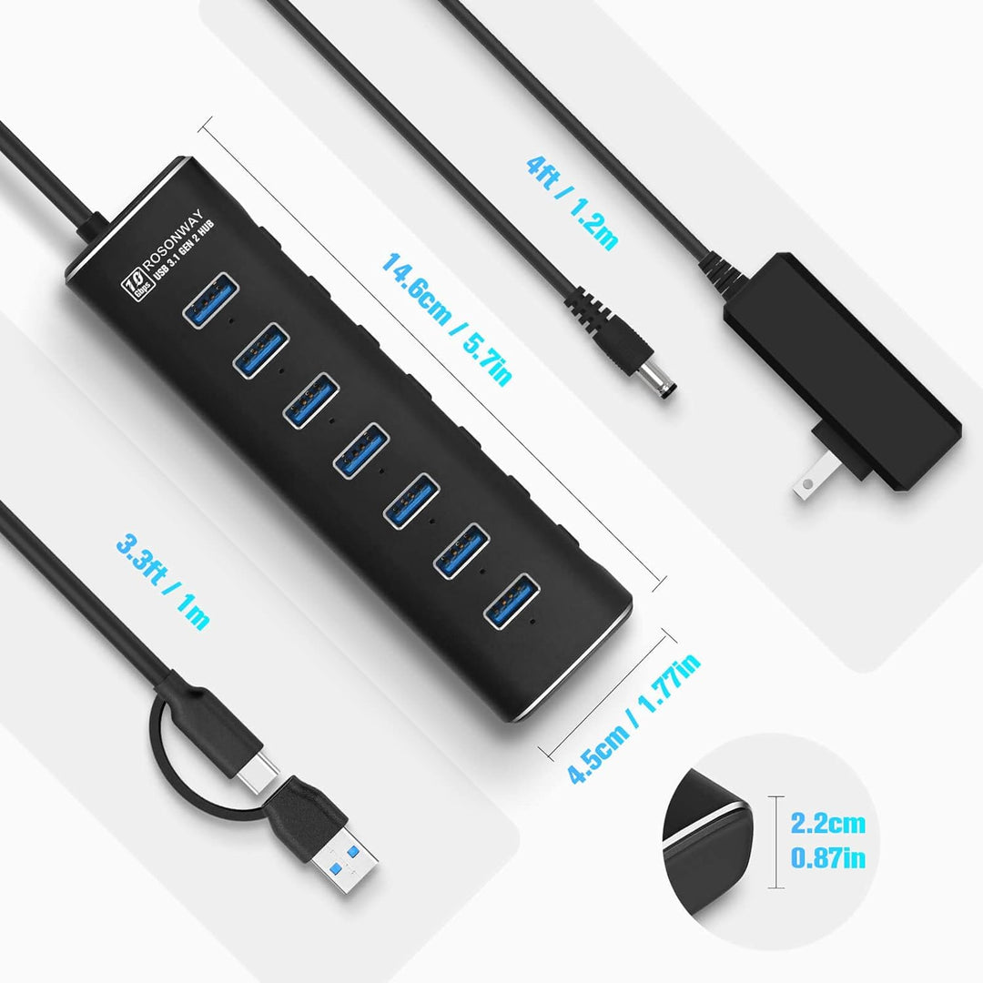 USB 3.2 Hub Aktiv mit Netzteil, RSHTECH Aluminium USB Hub 3.1 Gen2 mit 7*USB 3.2-Datenport (10Gbps),