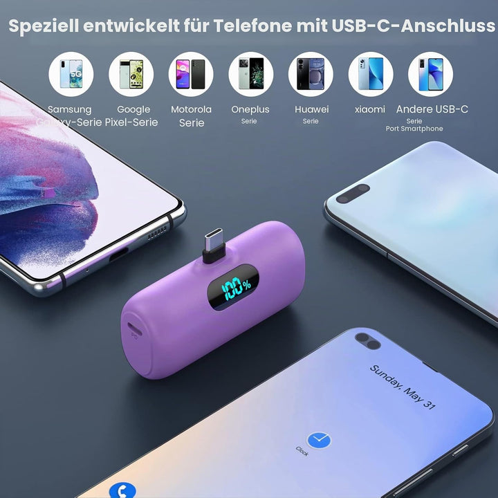 Feob Power Bank USB C 5000mAh, 15W PD 3.0A Schnelles Aufladen Powerbank Schlank LCD Display Extrener
