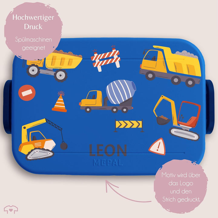 Kinder Bento Box Midi für Mepal Bentobox - Brotbox Bagger mit Name Lunchbox Baustelle Jausenbox Baus