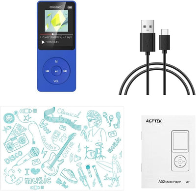 AGPTEK MP3 Player, 8GB verlustfrei MP3 mit 1,8 Zoll Bildschirm, 70 Stunden Wiedergabezeit tragbare M