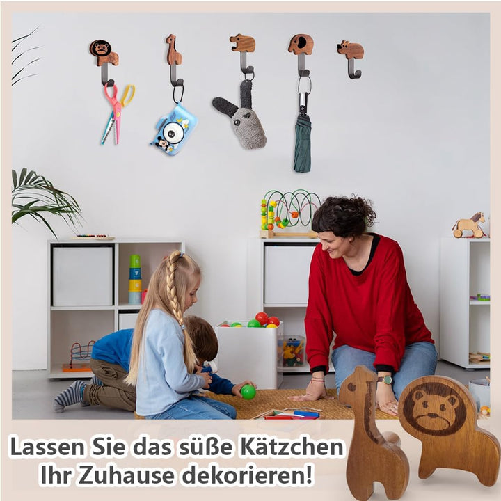 5 Stück Holzkleiderhaken für Kinder, Kleiderhaken Kinder Holz, Kleiderhaken kindergarderobe, Tierfor