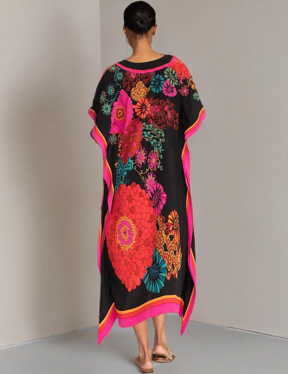 Bsubseach Damen Casual Beach Kaftan Kleid Kurzarm Loungewear Caftan Strandkleid C-Black Flower, C-Bl