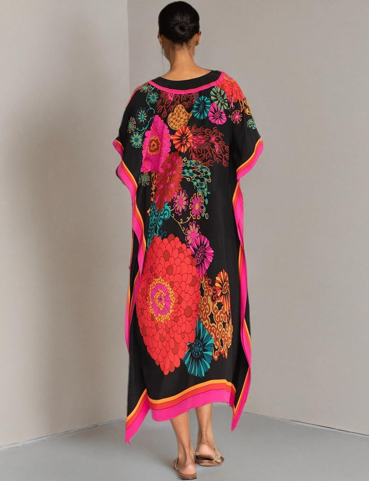 Bsubseach Damen Casual Beach Kaftan Kleid Kurzarm Loungewear Caftan Strandkleid C-Black Flower, C-Bl