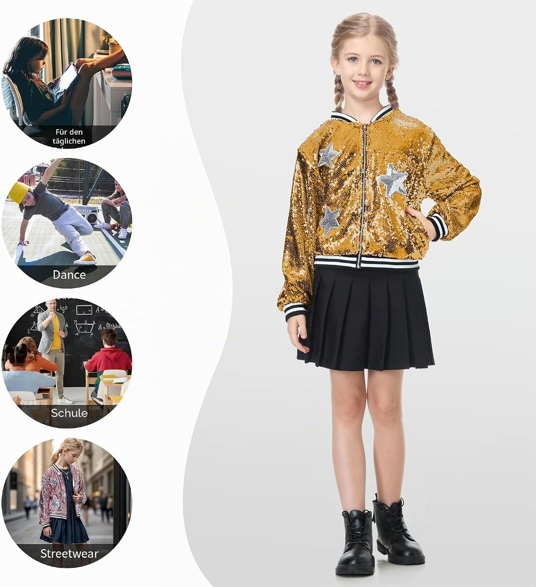 LOLANTA Mädchen Pailletten Bomberjacke mit Taschen Reissverschluss Langarm Glitzer Baseball Jacken f