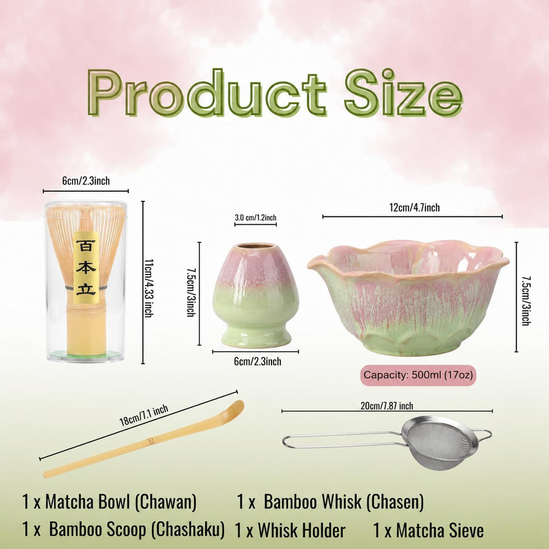 Matcha Set 5-teilig, Matcha Schale mit Ausgiesser in Blumenform Grün Rosa, Chasen, Bambusbesen, Chas