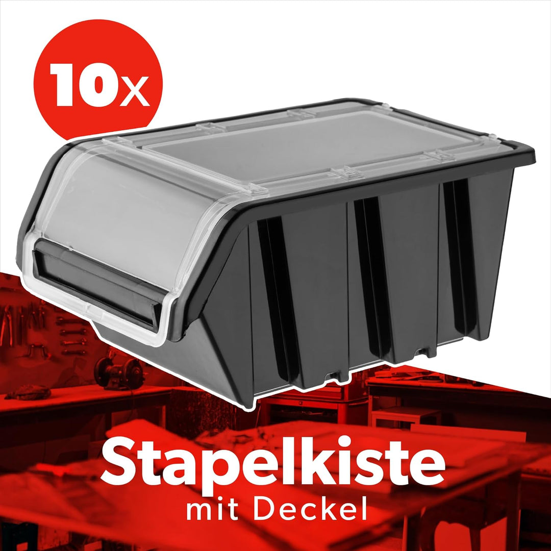 KADAX Stapelkiste mit Deckel, Lagerbox aus PP Kunststoff, Sichtlagerbox in verschiedenen Grössen und