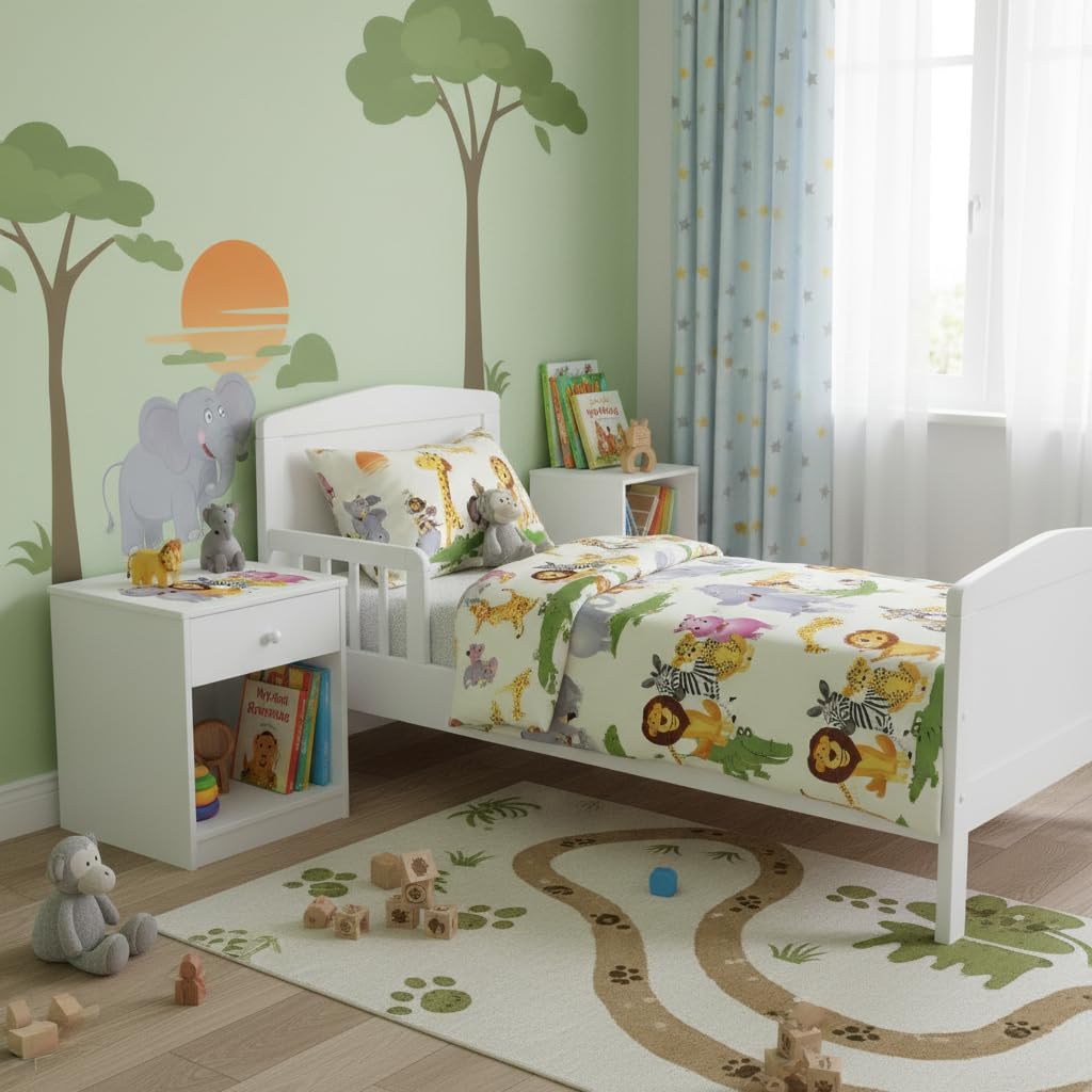 Leomark Nachttisch aus Holz - Animals - Nachtschränkchen mit Schublade, Nachtschrank für Kinder, Wei