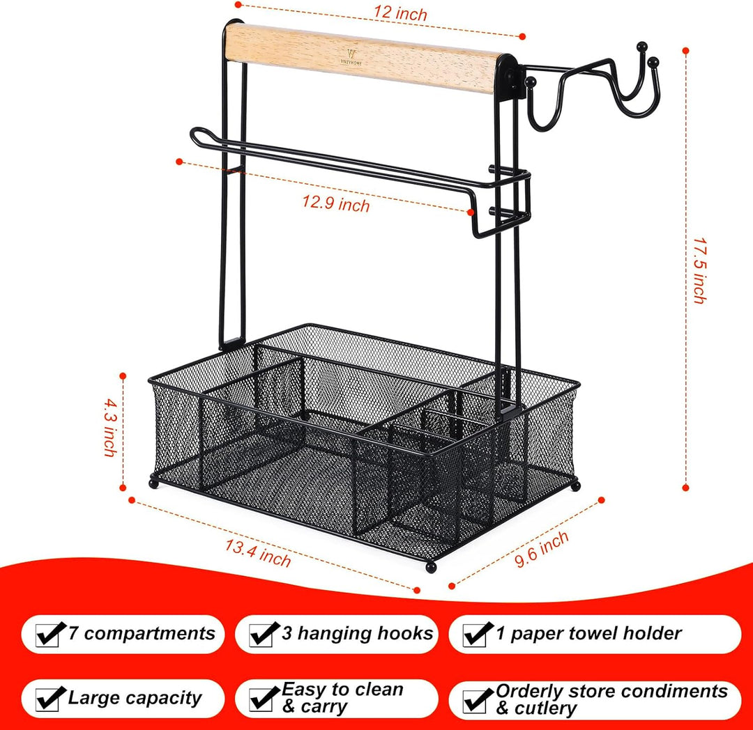 Grill-Caddy, Picknick-Grill-Organizer für Camping, Outdoor, Netzkorb mit 3 Haken zum Aufhängen und P