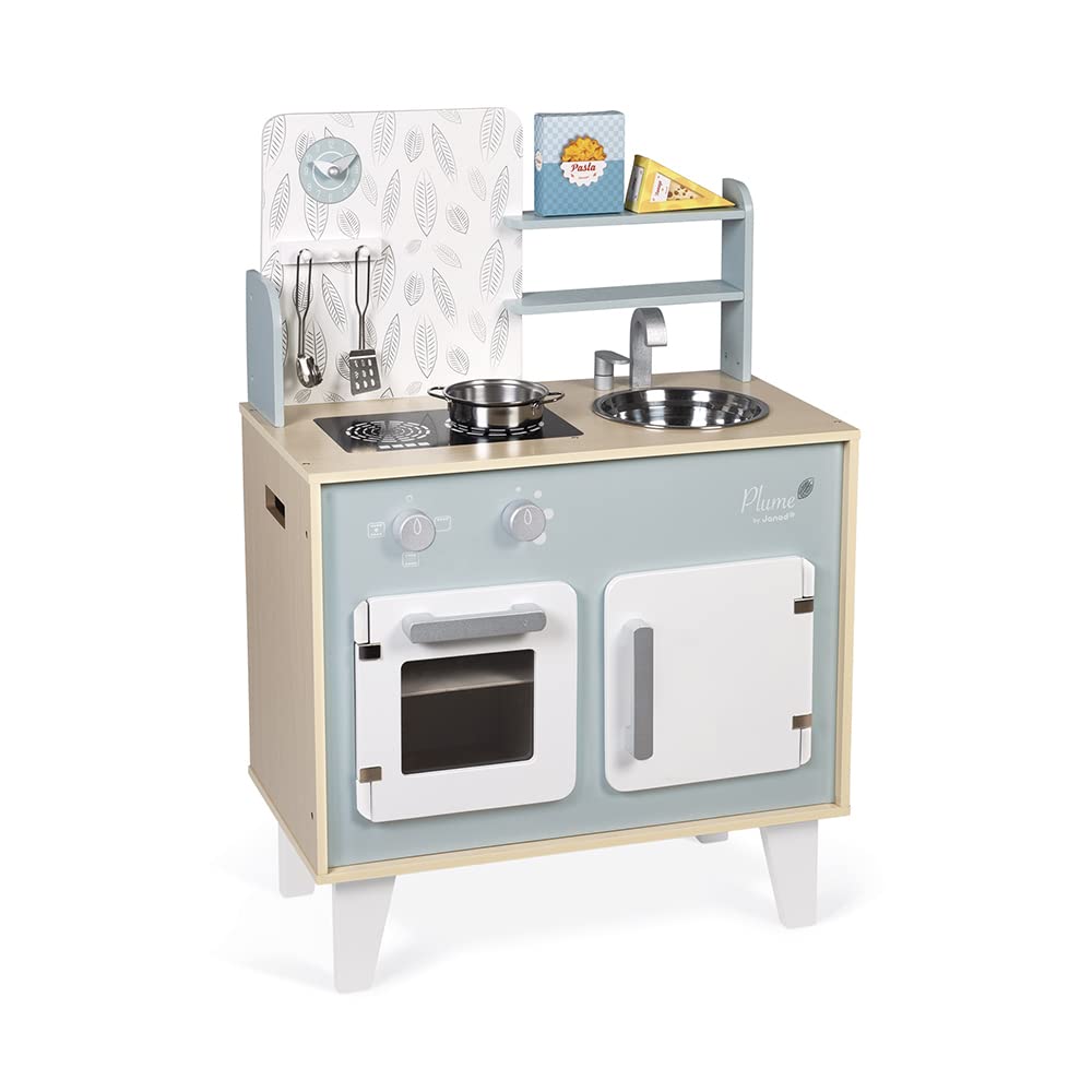 Janod - Küche ‘Plume’ - Kinderküche aus Holz mit Backofen, Edelstahlspüle, Schrank, Induktionskochpl