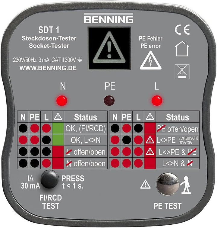 Benning Sockeltester SDT 1 mit Fingerkontakt, 020053 & 10911 Tasche Schutztasche für Spannungsprüfer