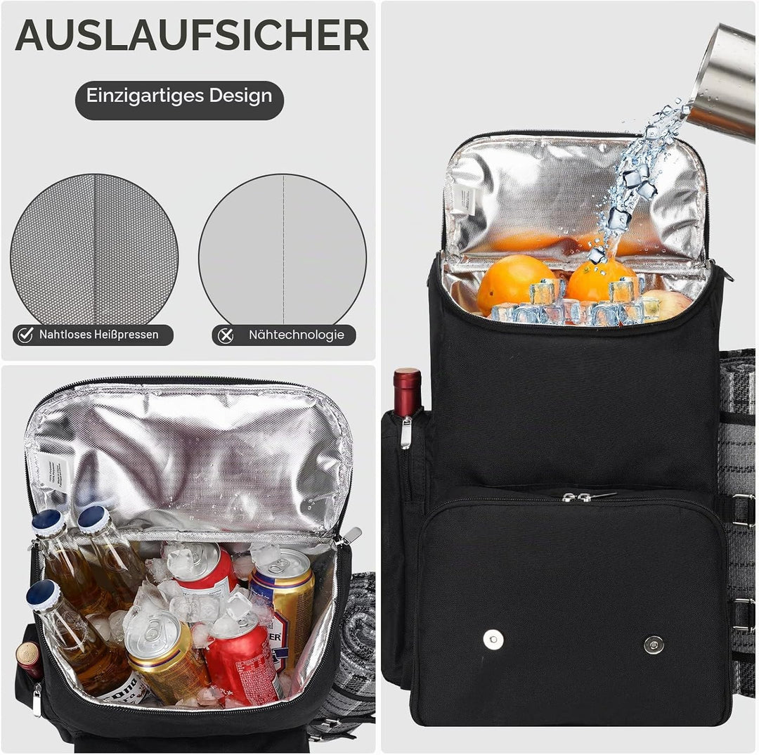 Picknick-Rucksack für 4 Personen mit grosser isolierter Kühltasche, Picknickkorb-Set mit Weinbeutel,