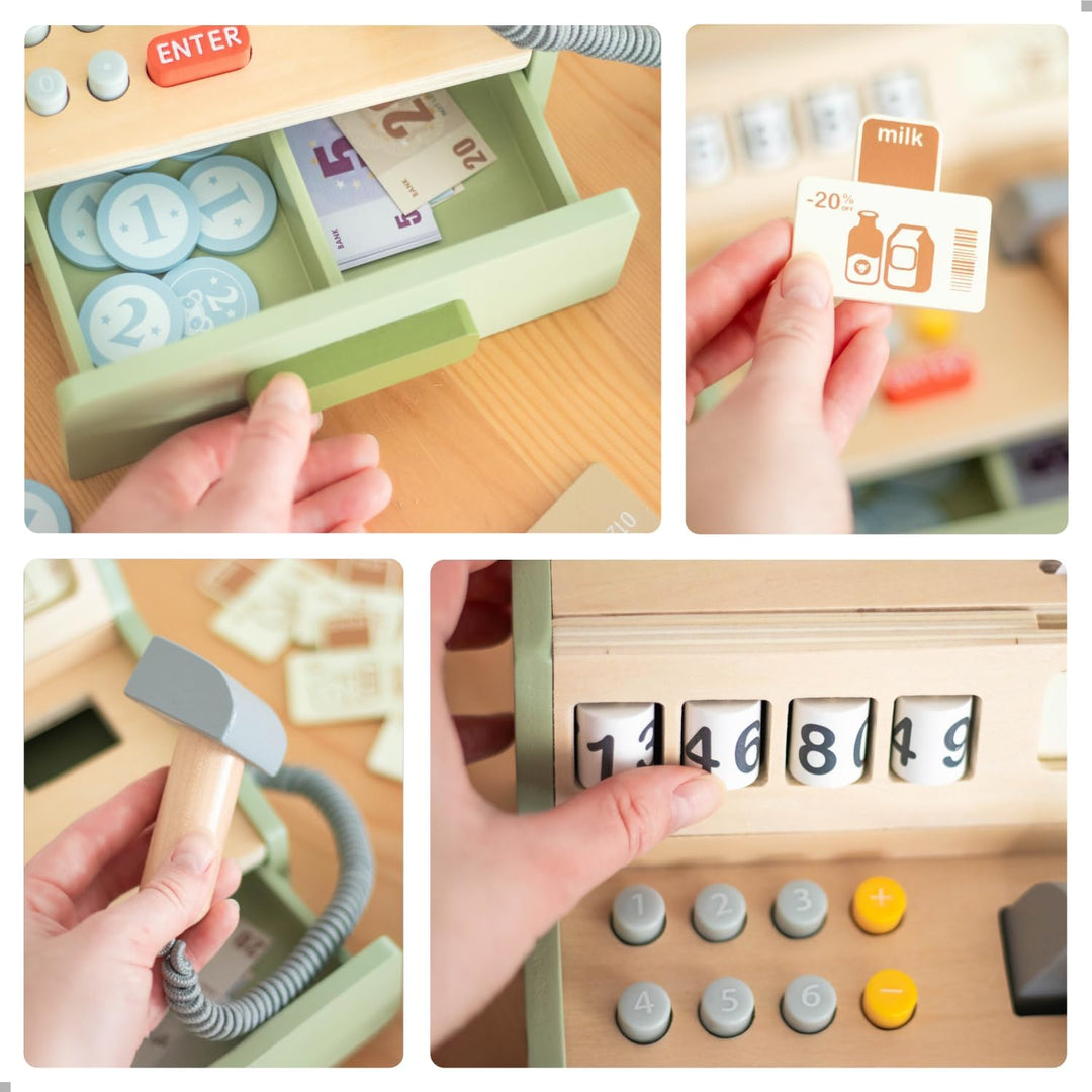 UMU® Kinder Kasse aus Holz - inkl. Zubehör (Scanner, Zahlungsterminal, Spielgeld usw.), Kaufläden &amp;
