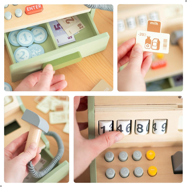 UMU® Kinder Kasse aus Holz - inkl. Zubehör (Scanner, Zahlungsterminal, Spielgeld usw.), Kaufläden &amp;