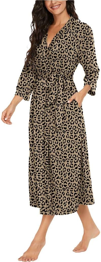 PrinStory Damen Bademantel Leichter 3/4 Ärmeln Morgenmantel V-Ausschnitt Kimono Roben Langes Nachtwä