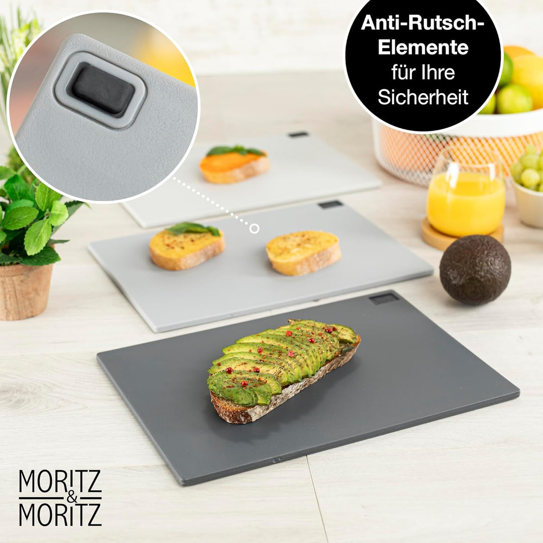 Moritz & Moritz 3x Schneidebrett Kunststoff Set - 32 x 22 cm - Im praktischen Ständer – Küchenbrett
