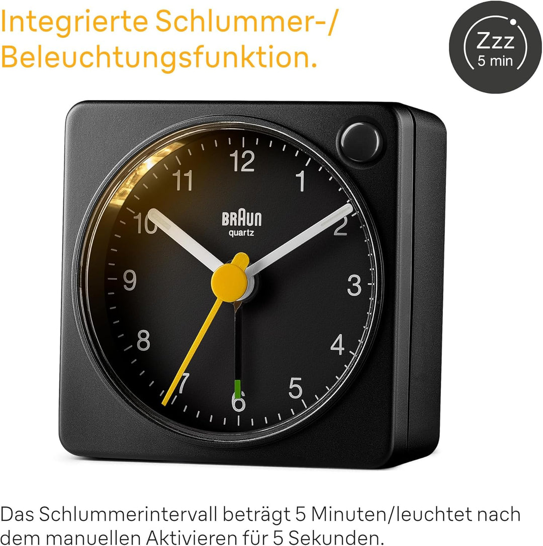 Braun Klassischer analoger Reisewecker mit Schlummerfunktion und Licht, kompakte Grösse, ruhiges Qua